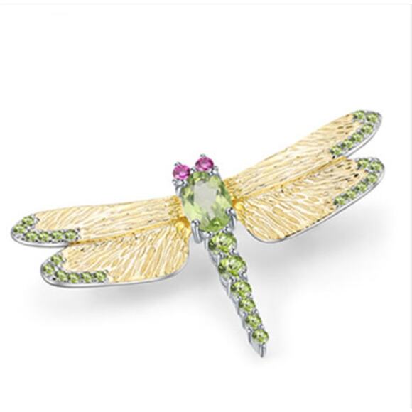 Natural 1.13Ct Peridot Sterling Silver Handmade Dragonfly Pendant Brooch 5.23 G - Picture 1 of 8